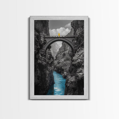 Canyon Bridge, Blue River, Yellow Figure, Framed Canvas Print, Bold Color Photography, Dramatic Landscape, Office Statement Art