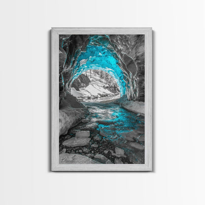 Blue Ice Cave, Winter Tunnel, Arctic Wonderland, Framed Canvas Print, Nature Wall Art, Minimalist Photography, Cool Tone Decor