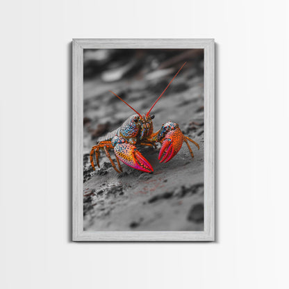Colorful Lobster, Beach Wildlife, Close-Up Macro Art, Framed Canvas Print, Kitchen Wall Art, Coastal Marine Decor, Vibrant Style