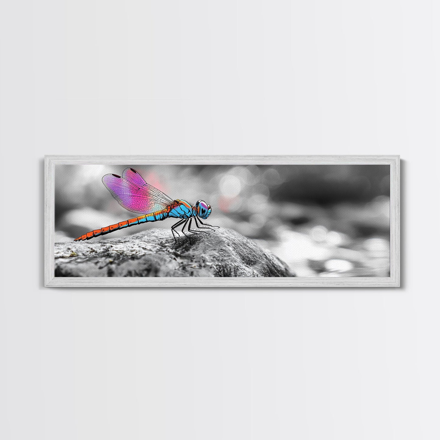 Neon Dragonfly, Nature Insect, Color Burst, Macro Beauty — Framed Canvas Print, Modern Boho Art, Bedroom Wall Art, Nature Photography