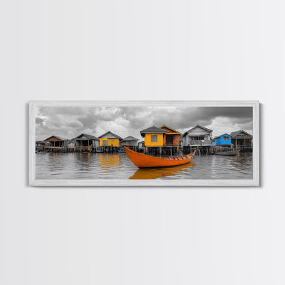 Colorful House Boats, Yellow Stilt Village, Framed Canvas Print, Vibrant Coastal Wall Art, Travel Photography, Living Room Accent Decor