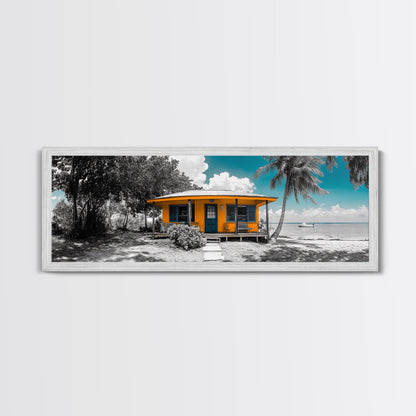 Beach House, Tropical Paradise, Yellow Cabin, Oceanfront View, Framed Canvas Print, Living Room Wall Art, Coastal Home Aesthetic
