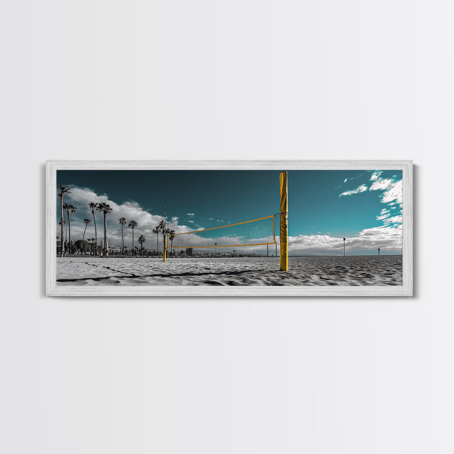 Beach Volleyball, Palm Trees, Summer Sport, Coastal Minimalism, Framed Canvas Print, Rec Room Wall Art, Sporty Vibe Decor