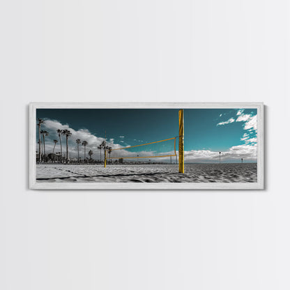 Beach Volleyball, Palm Trees, Summer Sport, Coastal Minimalism, Framed Canvas Print, Rec Room Wall Art, Sporty Vibe Decor