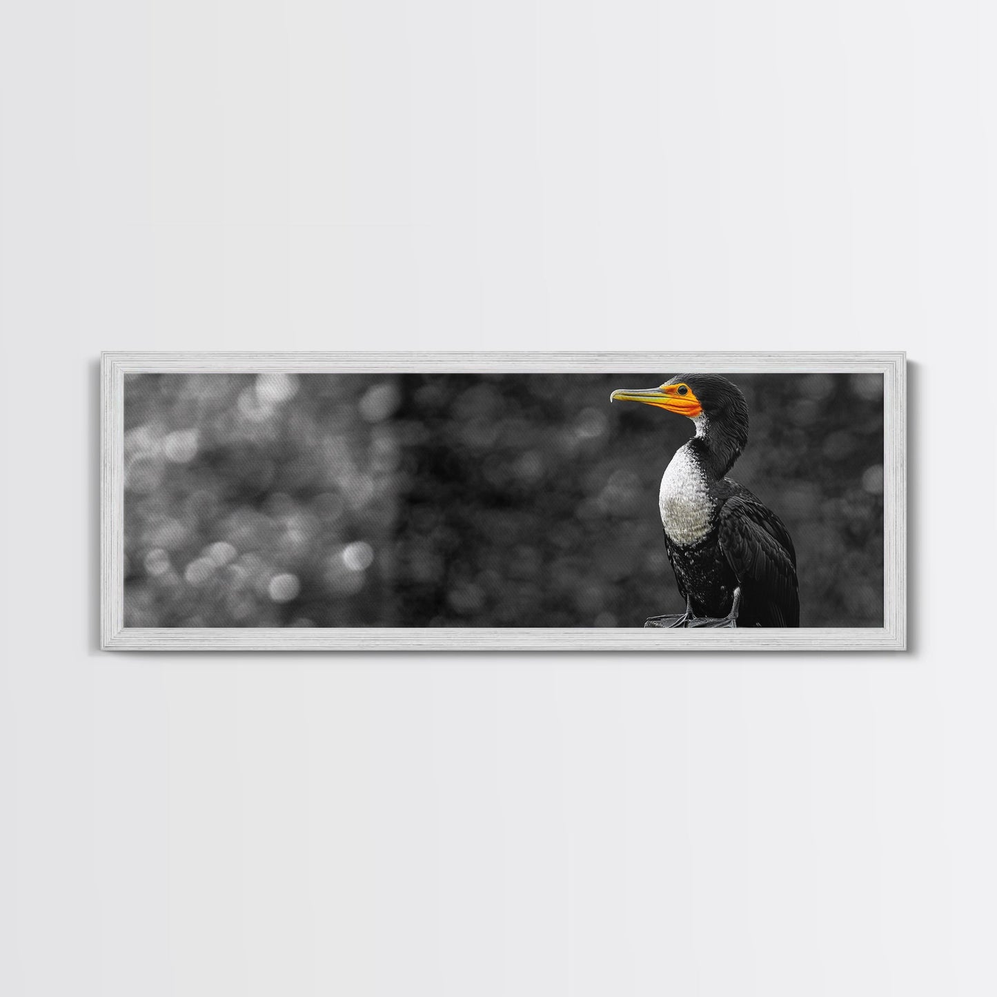 Black White Bird, Orange Beak Detail, Minimal Nature Portrait, Framed Canvas Print, Rustic Wall Art, Study or Cabin Decor