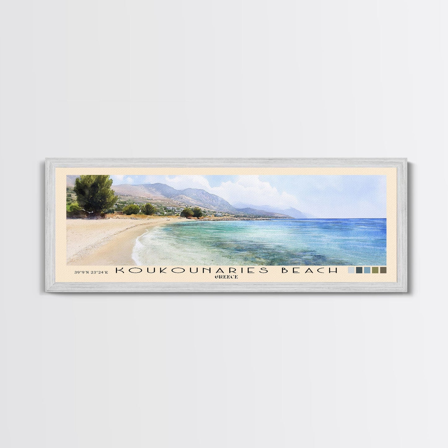 Koukounaries Beach, Greece Watercolor Beach Print, Vacation Gift, Greece Wall Art, Framed Canvas Print, Framed Beach Painting