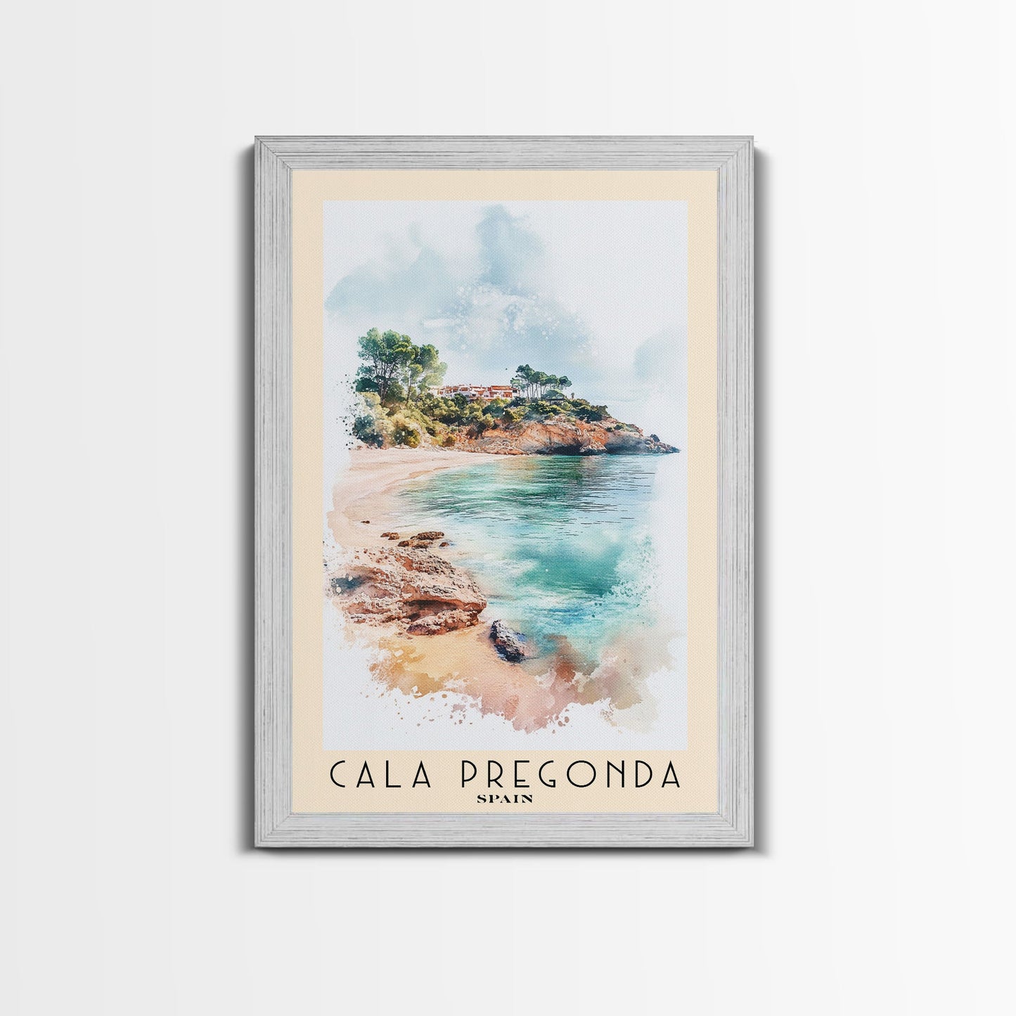 Cala Pregonda, Spain Watercolor Print, Vacation Gift, Spain Wall Art, Beach Painting, Beach Decor, Large Wall Art, Wood Frame Art