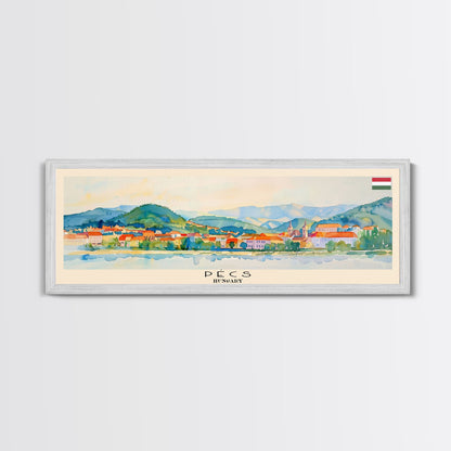 Pécs Hungary Panoramic Travel Poster, Framed Canvas Print or Metal Wall Art, Travel Art, Home Decor, Panoramic Painting, Midcentury Art