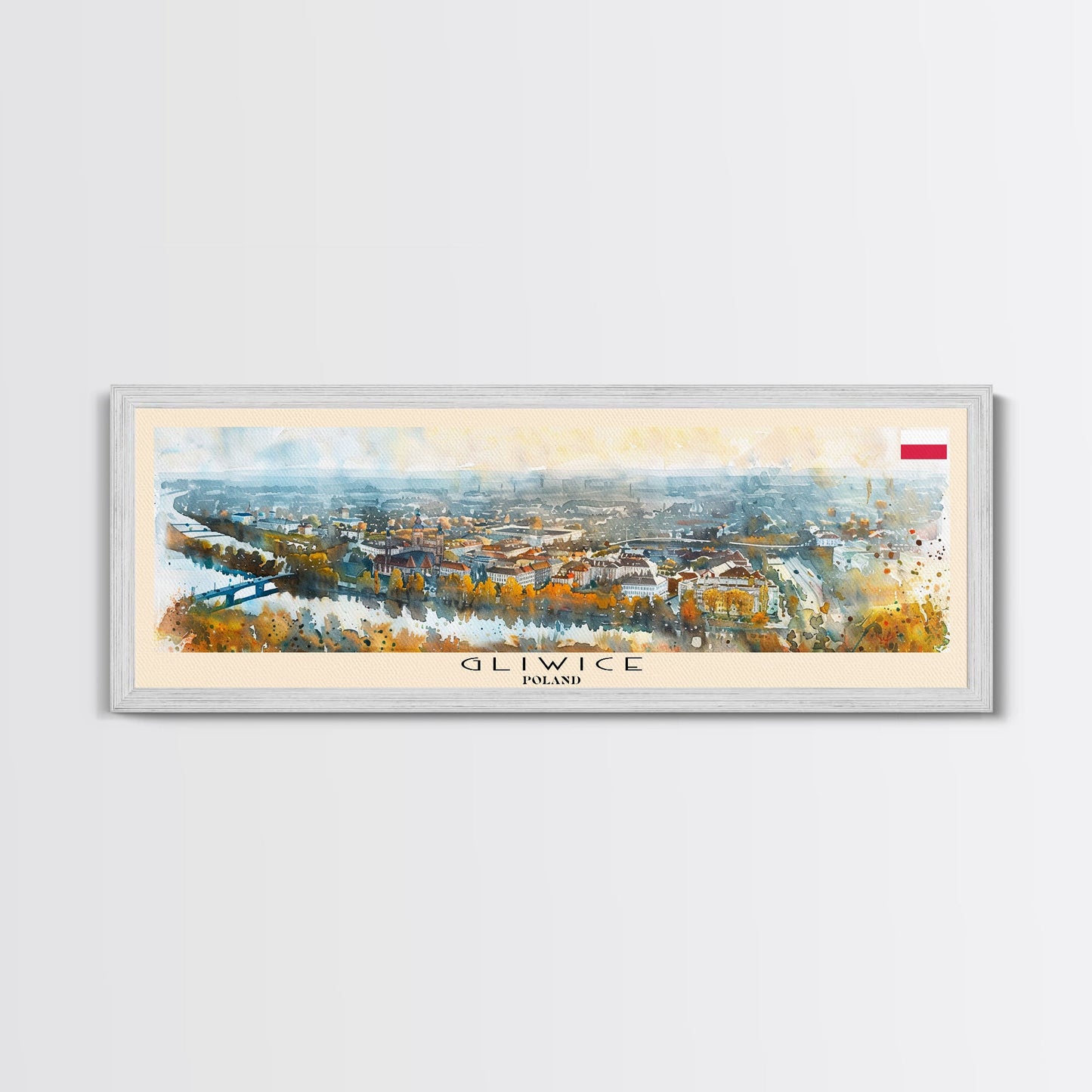 Gliwice Poland Panoramic Travel Poster, Framed Canvas Print or Metal Wall Art, Travel Art, Home Decor, Panoramic Painting, Midcentury Art