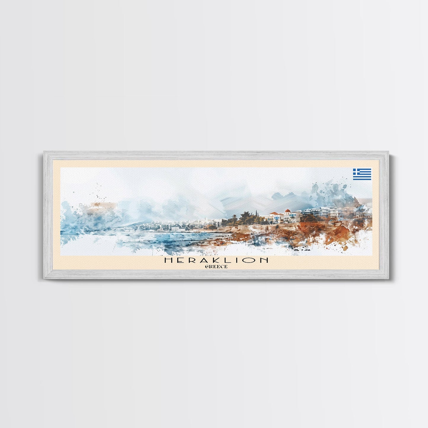 Heraklion Greece Panoramic Travel Poster, Framed Canvas Print or Metal Wall Art, Travel Art, Home Decor, Panoramic Painting, Midcentury Art