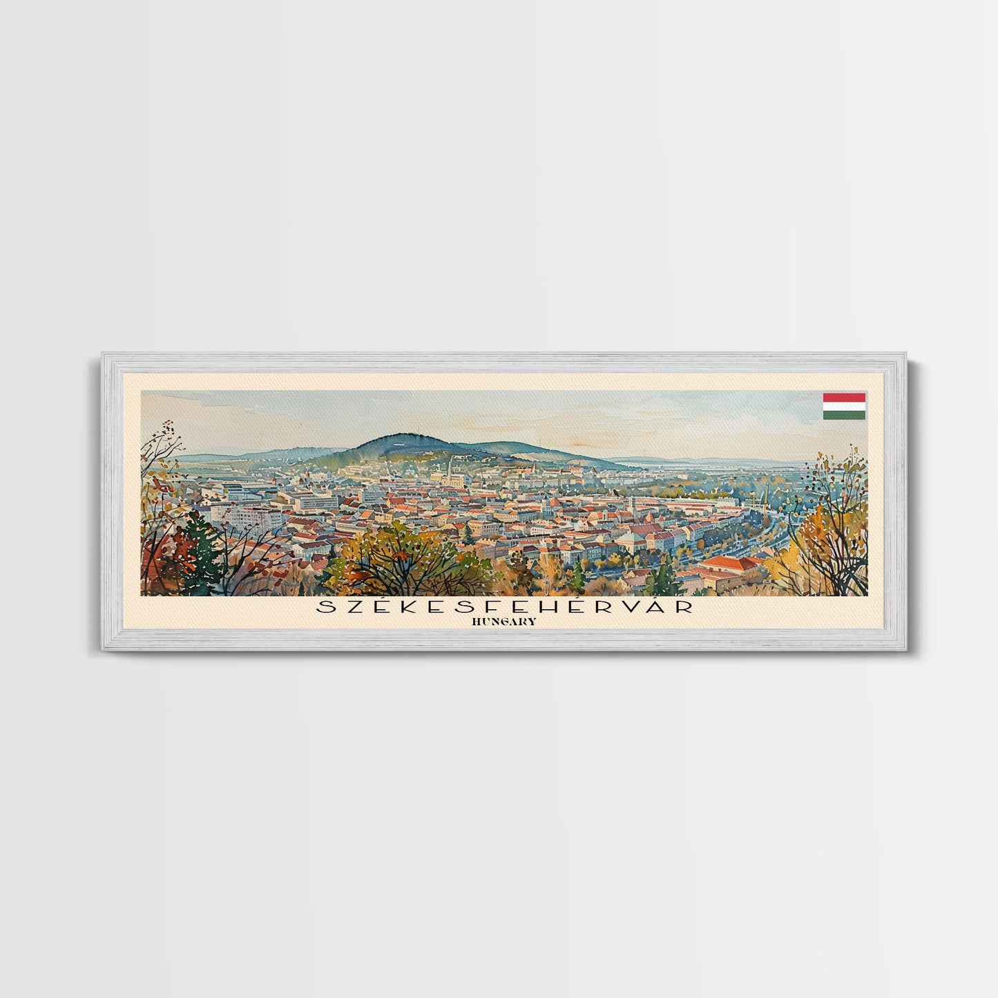 Szkesfehervar Hungary Panoramic Travel Poster, Framed Canvas Print or Metal Wall Art, Travel Art, Home Decor, Panoramic Painting, Midcentury Art
