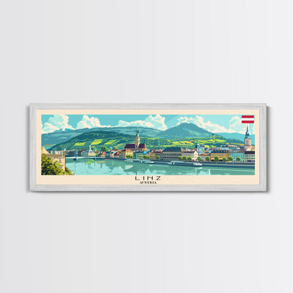 Linz Austria Panoramic Travel Poster, Framed Canvas Print or Metal Wall Art, Travel Art, Home Decor, Panoramic Painting, Midcentury Art