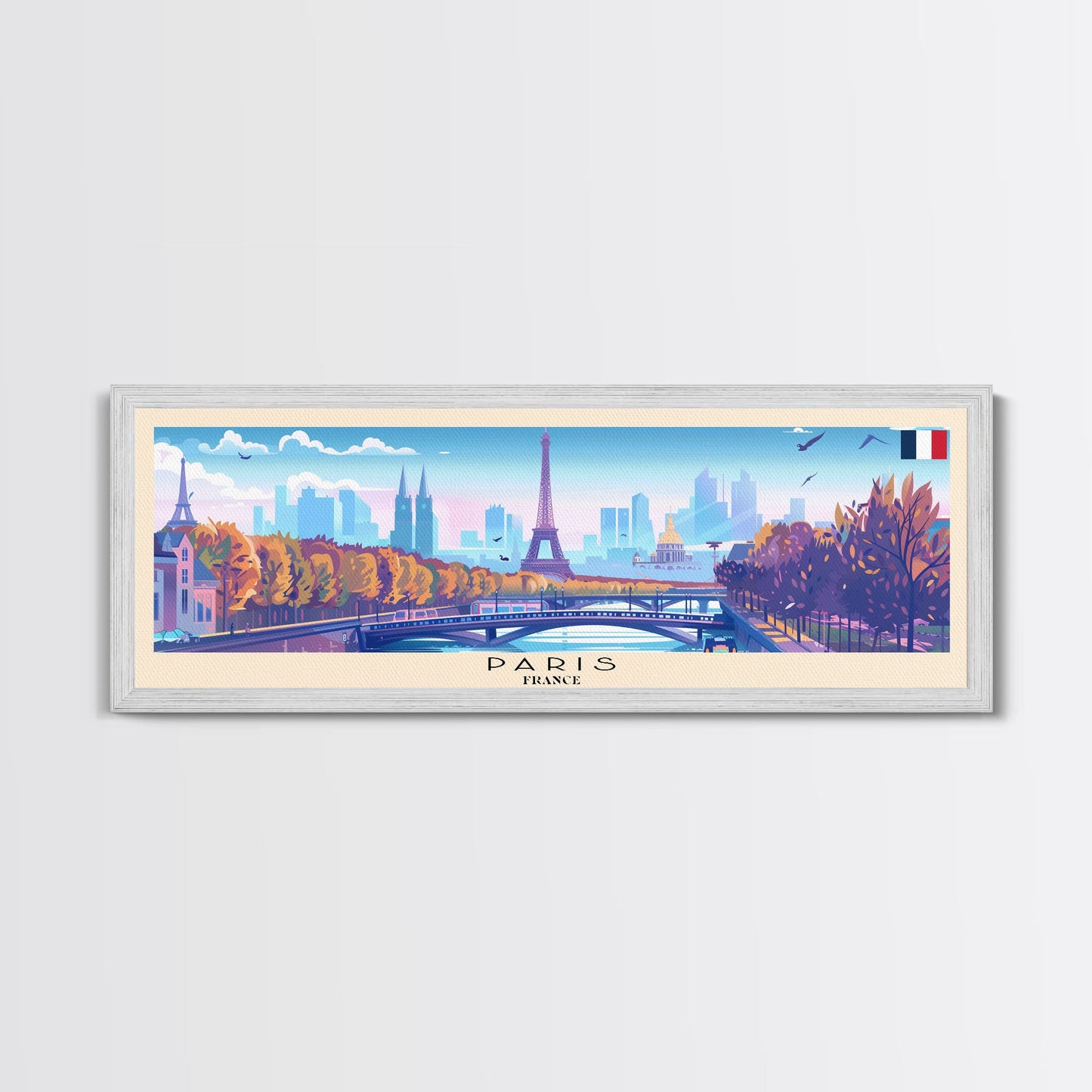 Paris France Panoramic Travel Poster, Framed Canvas Print or Metal Wall Art, Travel Art, Home Decor, Panoramic Painting, Midcentury Art