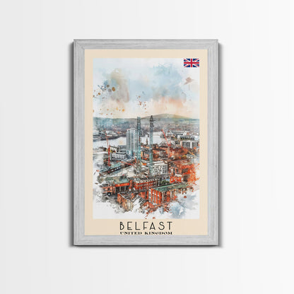 Belfast United Kingdom Travel Poster Framed Canvas Print, Wall Art, Living Room Art, Watercolor Painting, Original Art