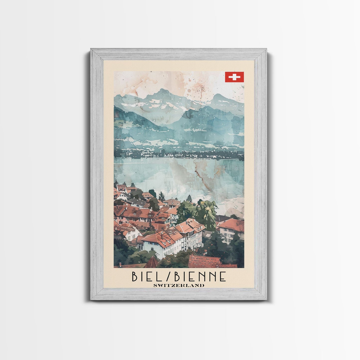Biel/Bienne Switzerland Travel Poster Framed Canvas Print, Watercolor Painting, Wall Art, Home Decor, Scenic Travel Print
