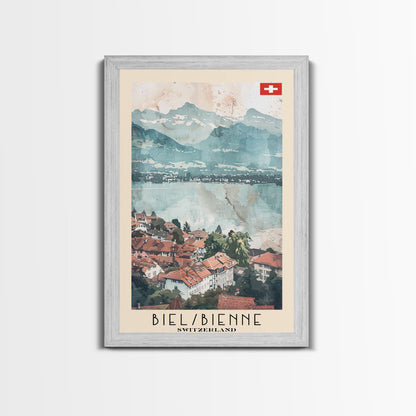 Biel/Bienne Switzerland Travel Poster Framed Canvas Print, Watercolor Painting, Wall Art, Home Decor, Scenic Travel Print