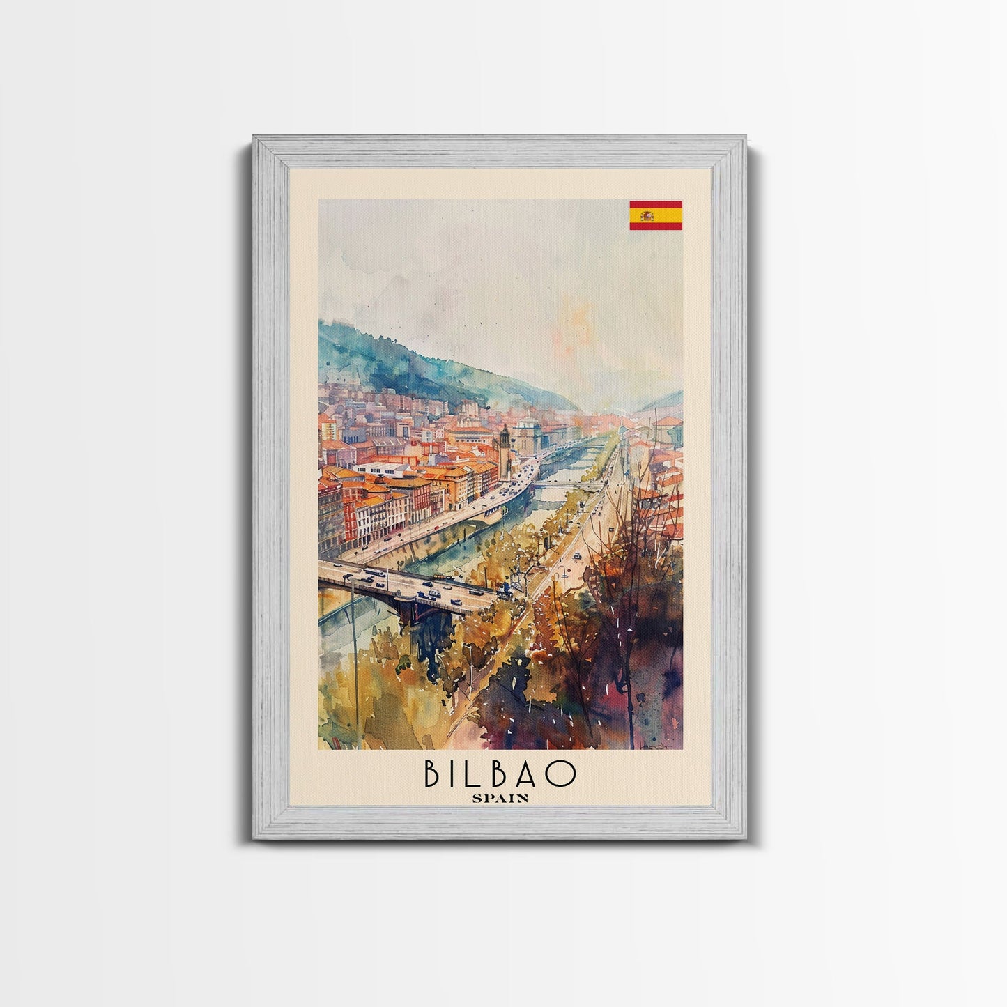 Bilbao Spain Travel Poster Framed Canvas Print, Watercolor Painting, Wall Art, Home Decor, Scenic Travel Print, Cityscape Art