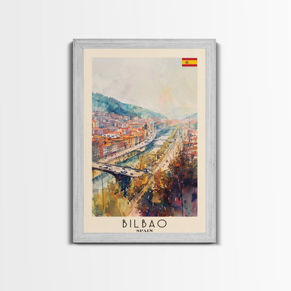 Bilbao Spain Travel Poster Framed Canvas Print, Watercolor Painting, Wall Art, Home Decor, Scenic Travel Print, Cityscape Art