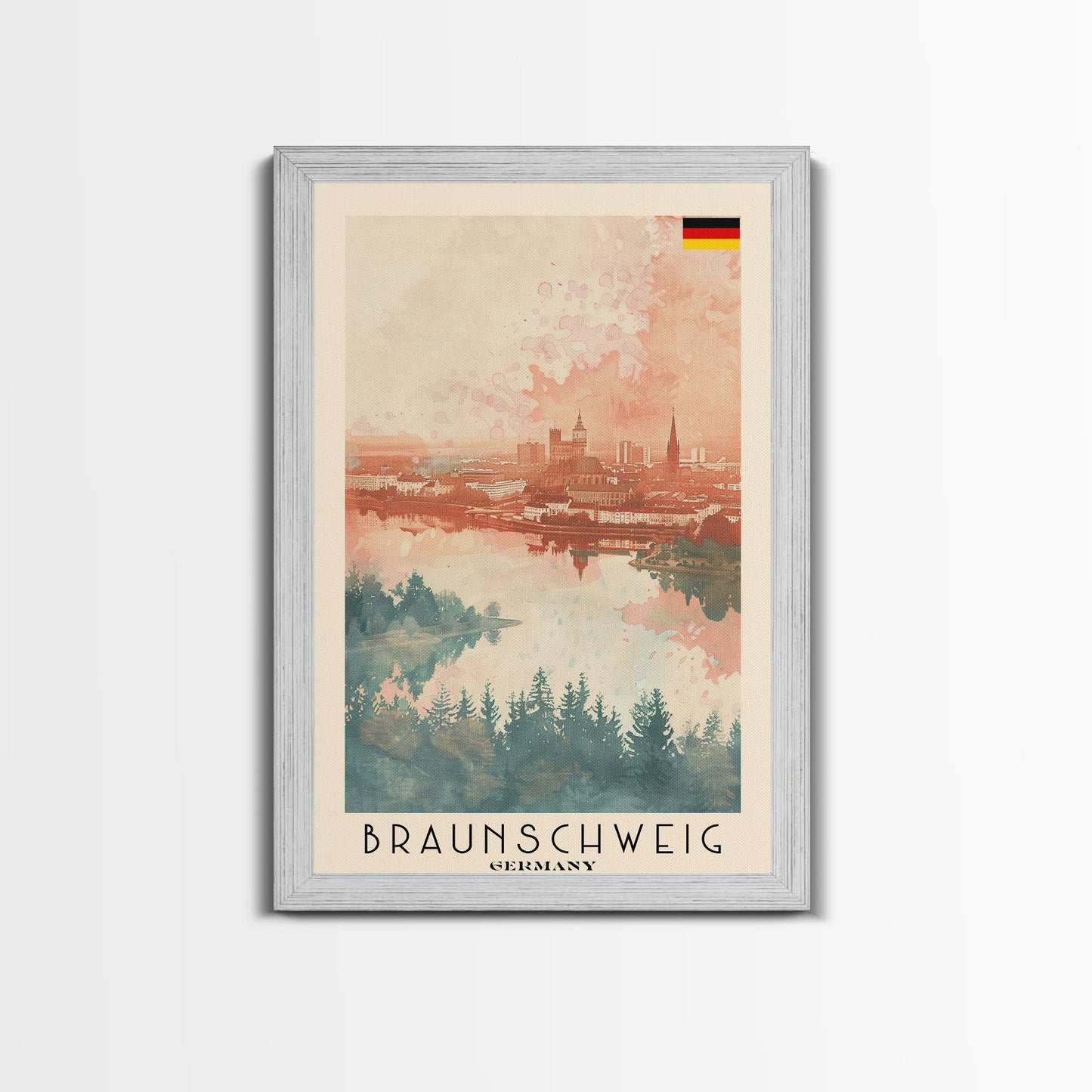 Braunschweig Germany Travel Poster Framed Canvas Print, Cityscape Art, Wall Decor, Travel Print, Watercolor Painting, Urban Scene Art