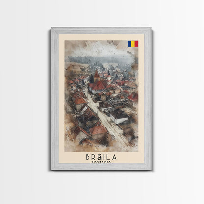 Brăila Romania Travel Poster Framed Canvas Print, Cityscape Art, Wall Decor, Travel Print, Watercolor Painting, Rustic Scene Art