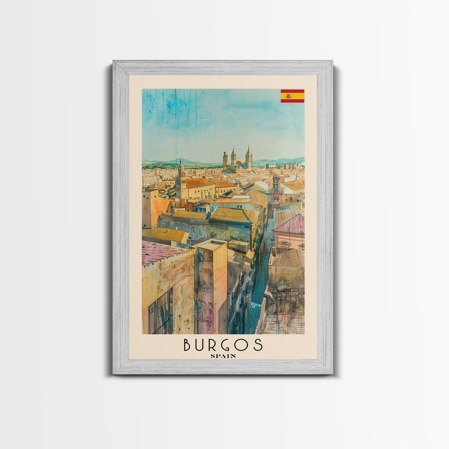 Burgos Spain Travel Poster Framed Canvas Print, Watercolor Cityscape, Wall Art, Home Decor, Living Room Art, Travel Print, Boho Style, Art Piece