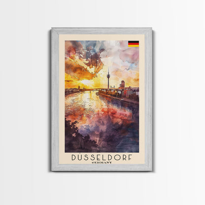 Dusseldorf, Germany Sunset Framed Canvas Print. Striking Wall Art for Living Room or Bedroom, Urban Travel Poster Decor.