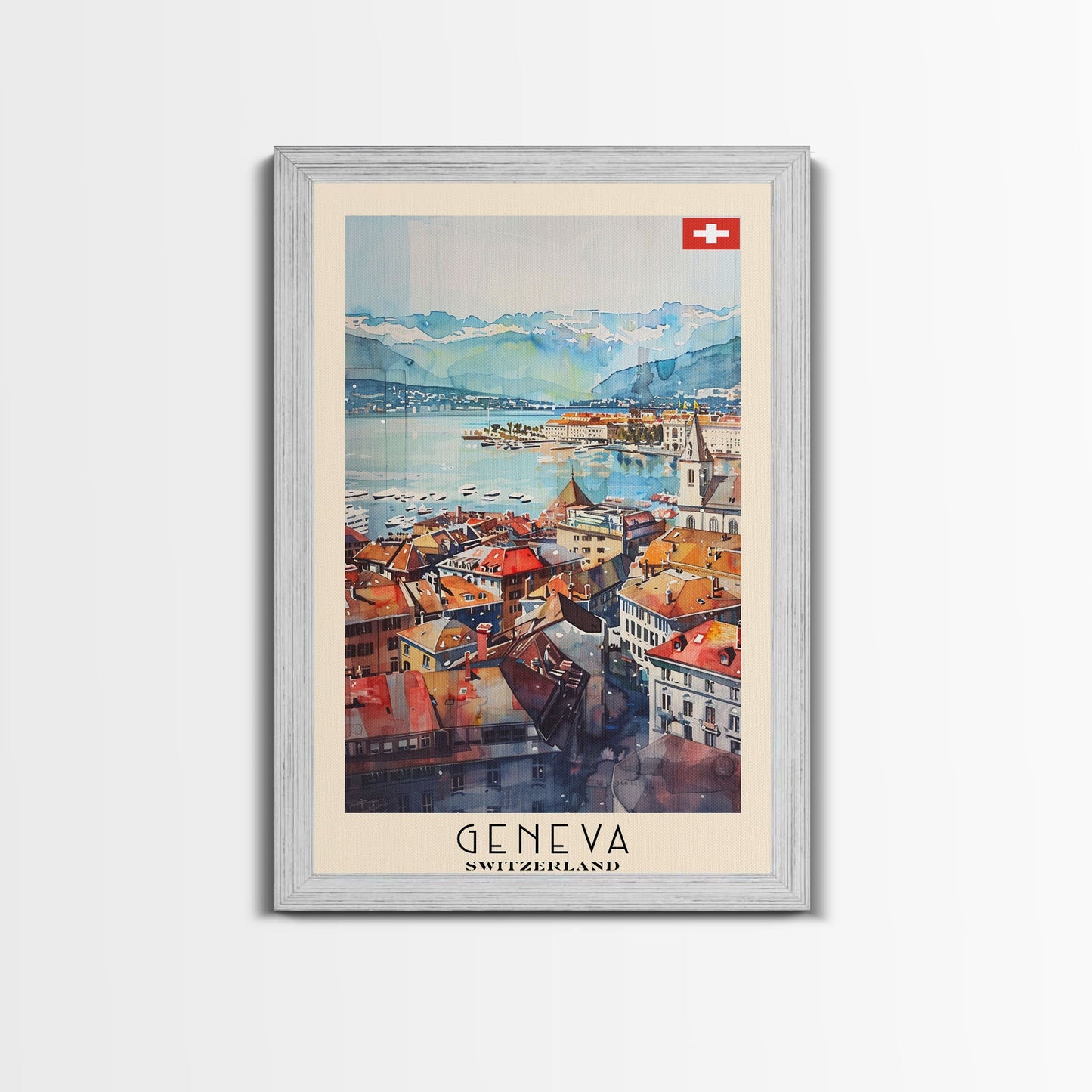 Geneva, Switzerland Travel Poster Art, Framed Canvas Print for Living Room or Bedroom, Scenic Wall Art, Home Decoration