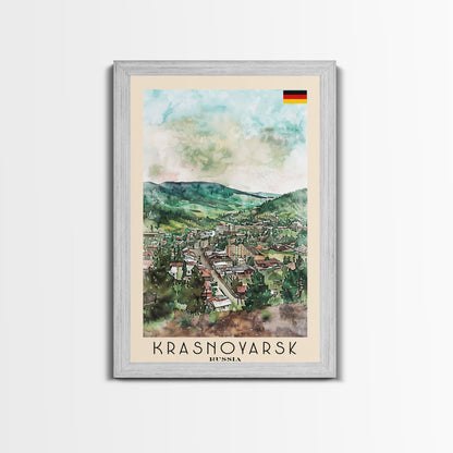 Krasnoyarsk Russia Travel Poster Framed Canvas Print, Watercolor Cityscape, Home Decor, Wall Art, Scenic Painting, Travel Print, Artistic Gift