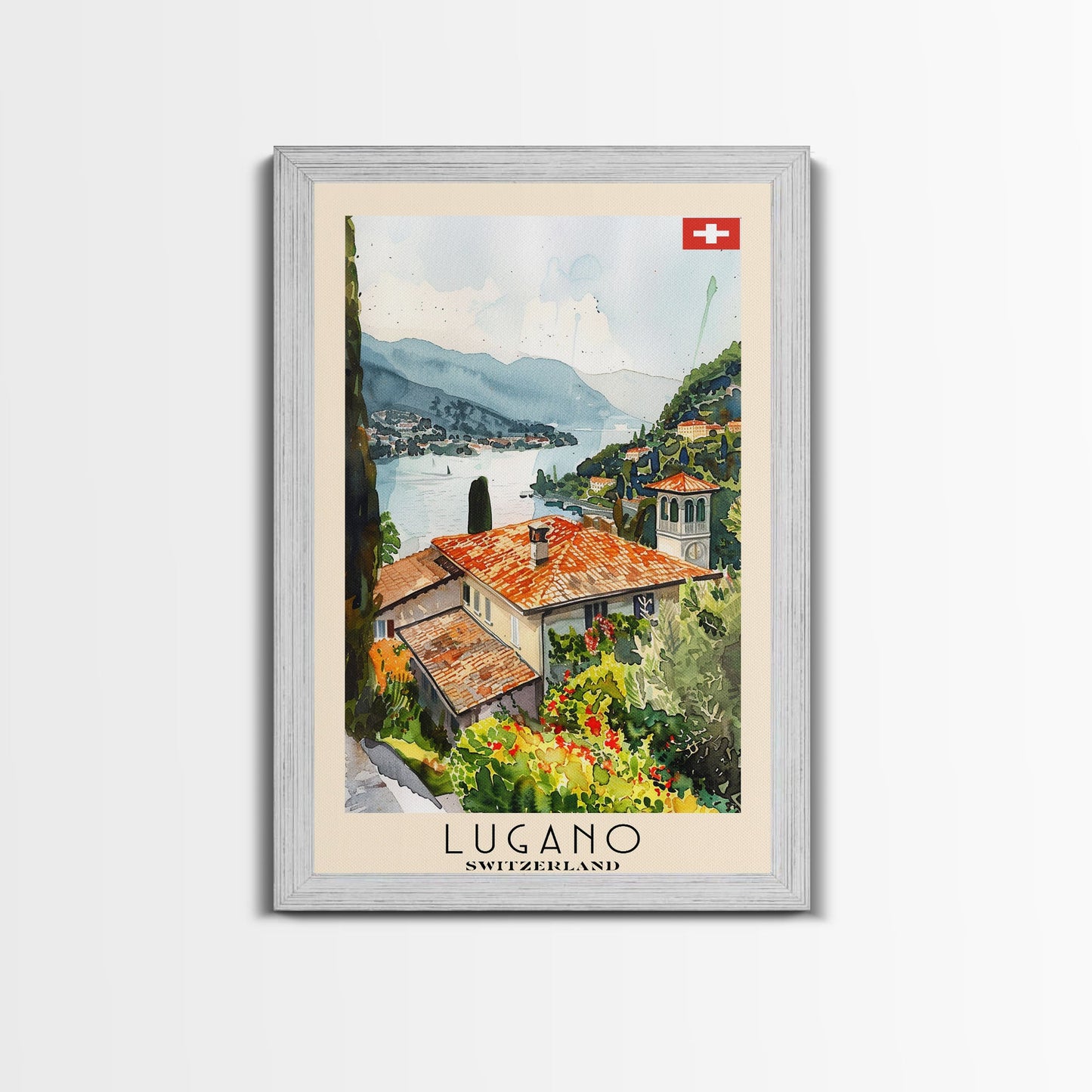 Lugano Switzerland Travel Poster Framed Canvas Print, Lakeside Cityscape, Watercolor Painting, Wall Art, Home Decoration, Travel Print, Artistic Gift