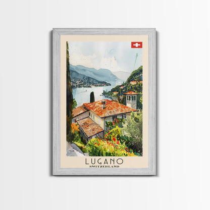 Lugano Switzerland Travel Poster Framed Canvas Print, Lakeside Cityscape, Watercolor Painting, Wall Art, Home Decoration, Travel Print, Artistic Gift