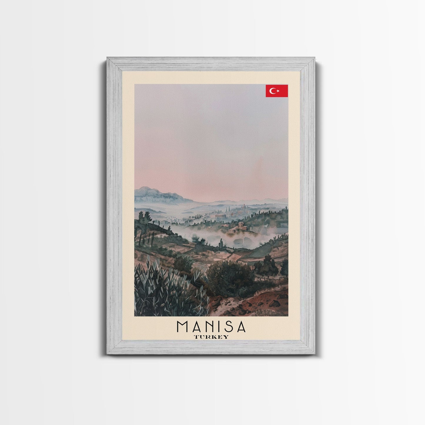 Manisa Turkey Travel Poster Framed Canvas Print, Scenic Landscape, Watercolor Art, Wall Decoration, Home Design, Travel Print, Unique Art