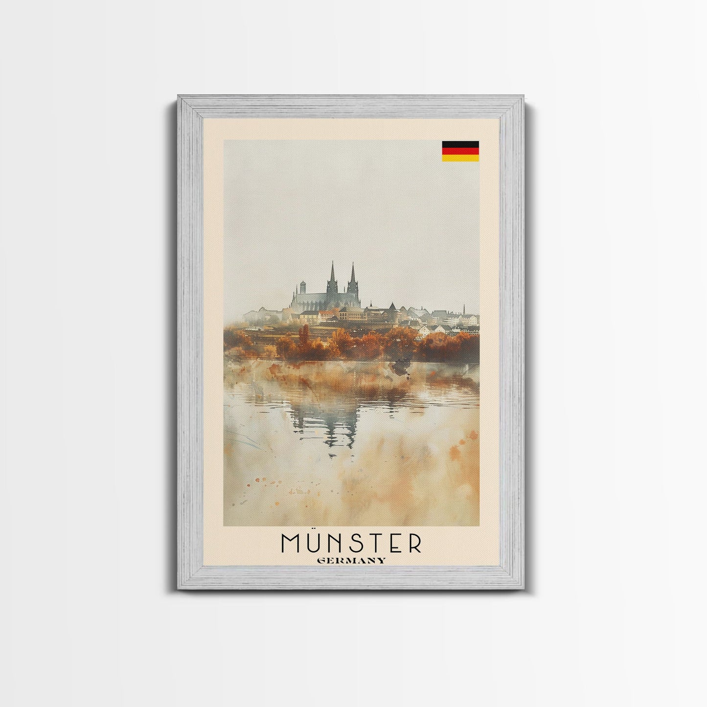 Münster Germany Travel Poster Framed Canvas Print, Historic Architecture, Watercolor Painting, Wall Art, Interior Design, Travel Print, Unique Art