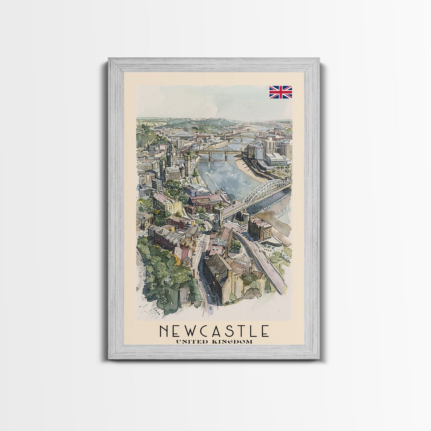 Newcastle United Kingdom Framed Canvas Print, Urban Travel Poster, Watercolor Painting, Cityscape Wall Art, Home Decor, Unique Art