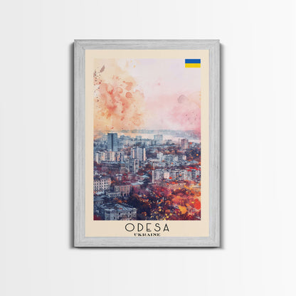 Odesa Ukraine Travel Poster Framed Canvas Print, Watercolor Painting, Scenic Wall Art, Home Decor, Ukrainian Coastal Scene, Vibrant Art