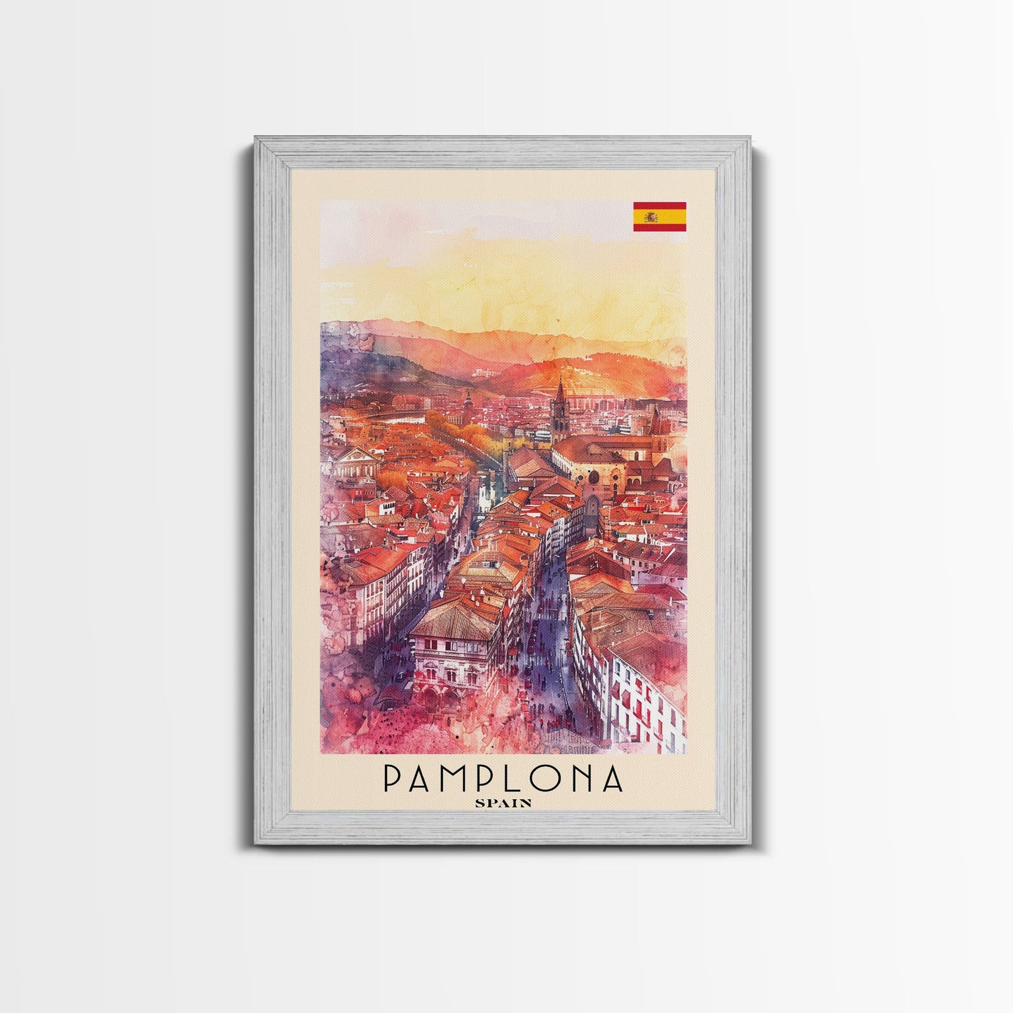 Pamplona Spain Travel Poster Framed Canvas Print, Watercolor Painting, Urban Wall Art, Home Decor, Spanish Architecture, Classic Art