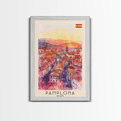 Pamplona Spain Travel Poster Framed Canvas Print, Watercolor Painting, Urban Wall Art, Home Decor, Spanish Architecture, Classic Art