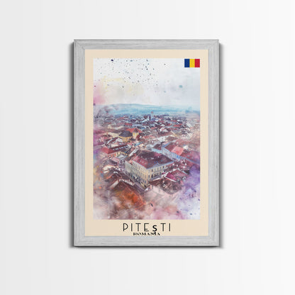 Piteti Romania Travel Poster Framed Canvas Print, Watercolor Painting, Scenic Wall Art, Home Decor, Romanian Cityscape, Classic Art