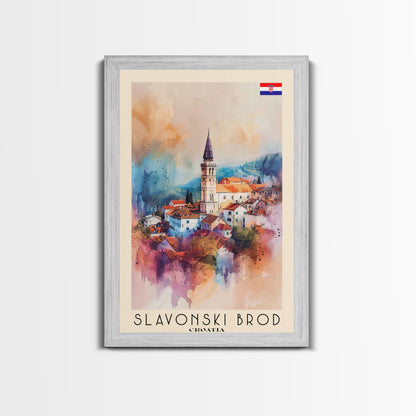 Slavonski Brod Croatia Travel Poster Framed Canvas Print, Watercolor Painting, Scenic Wall Art, Home Decor, Croatian Cityscape, Classic Art