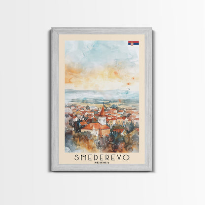 Smederevo Serbia Travel Poster Framed Canvas Print, Watercolor Painting, Scenic Wall Art, Home Decor, Serbian Cityscape, Modern Art