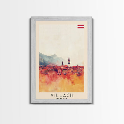 Villach Austria Travel Poster Framed Canvas Print, Watercolor Painting, Scenic Wall Art, Home Decor, Austrian Landscape, Alpine Art