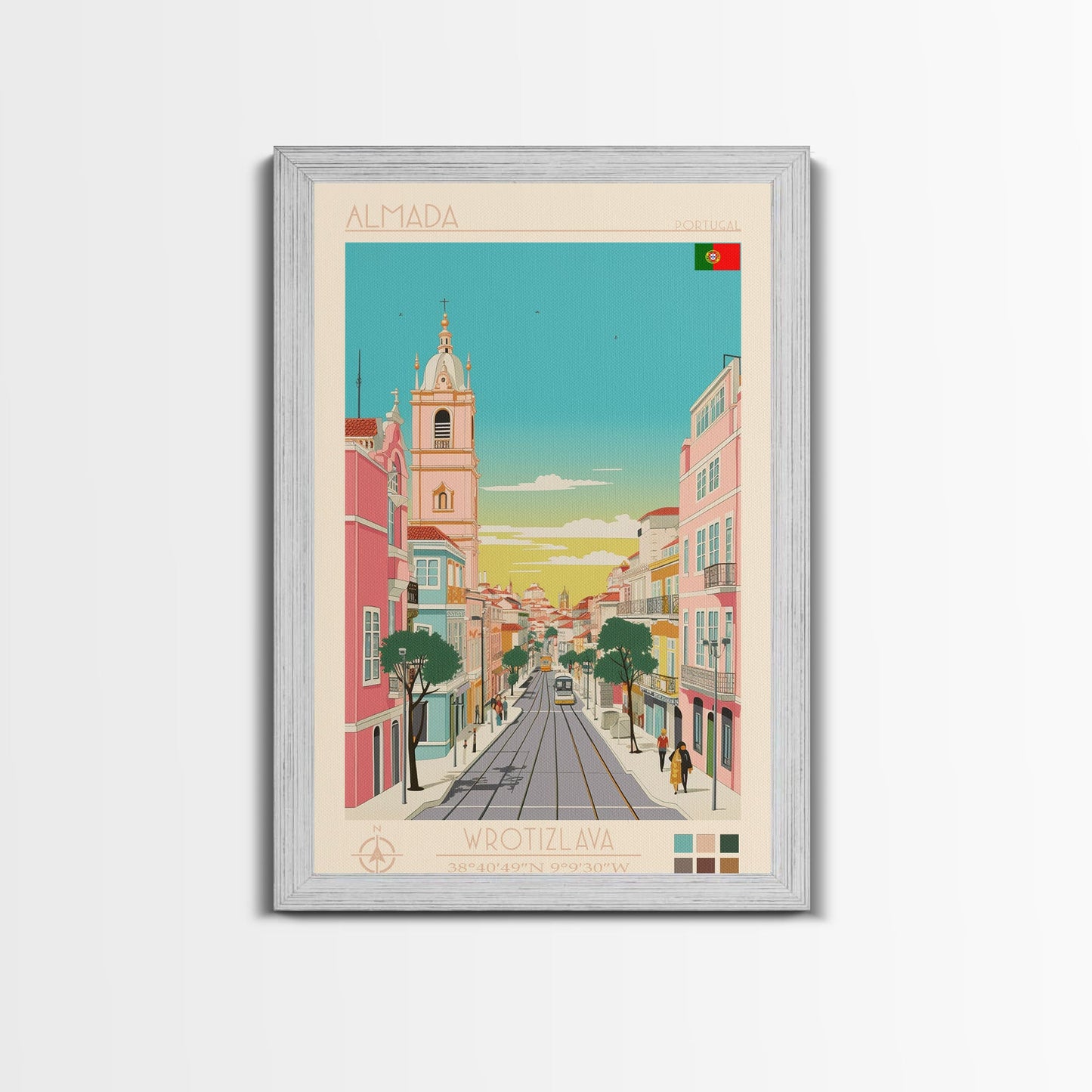 Almada Portugal Travel Poster Framed Canvas Print, Midcentury Modern Art, Pop Art Decor, Wall Art, Vacation Gift, Living Room Decoration, Scenic Print