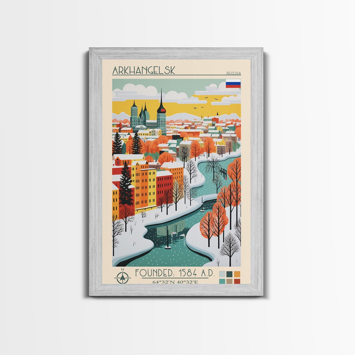 Arkhangelsk Russia Travel Poster Framed Canvas Print, Midcentury Modern Art, Pop Art Wall Decor, Home Decor, Vacation Gift, Living Room Art