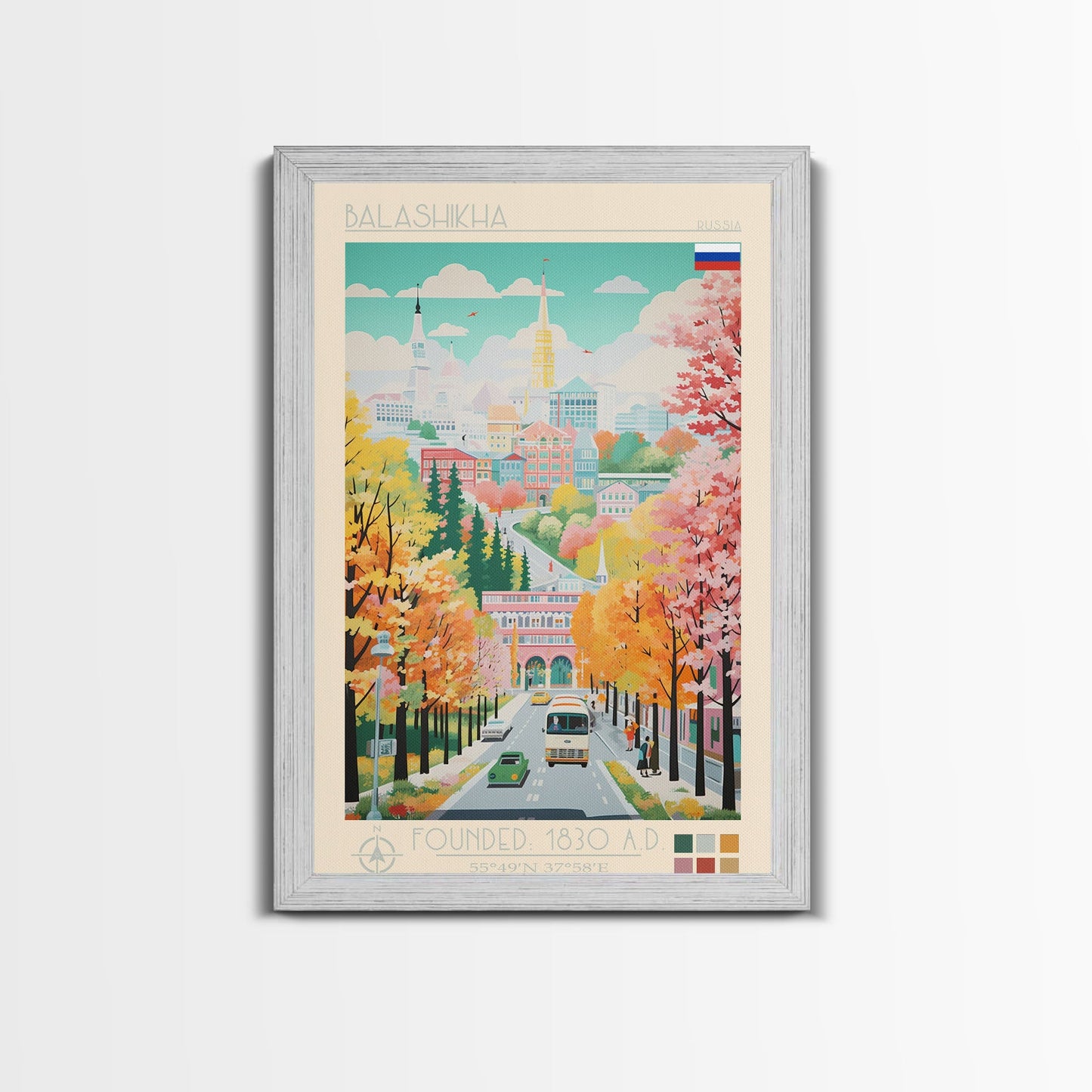 Balashikha Russia Travel Poster Framed Canvas Print, Midcentury Modern Art, Pop Art Wall Decor, Home Decor, Vacation Gift, Living Room Art