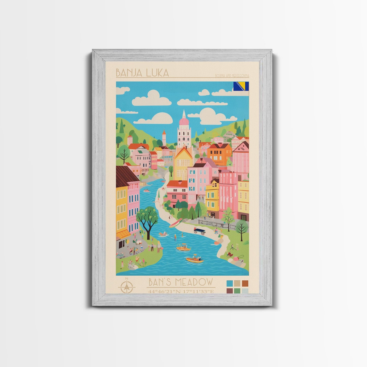 Banja Luka Bosnia Travel Poster Framed Canvas Print, Midcentury Modern Art, Pop Art Wall Decor, Home Decor, Vacation Gift, Living Room Art