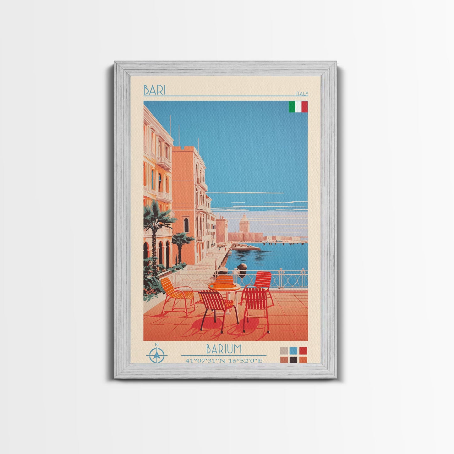 Bari Italy Travel Poster Framed Canvas Print, Midcentury Modern Art, Pop Art Wall Decor, Home Decor, Vacation Gift, Living Room Art