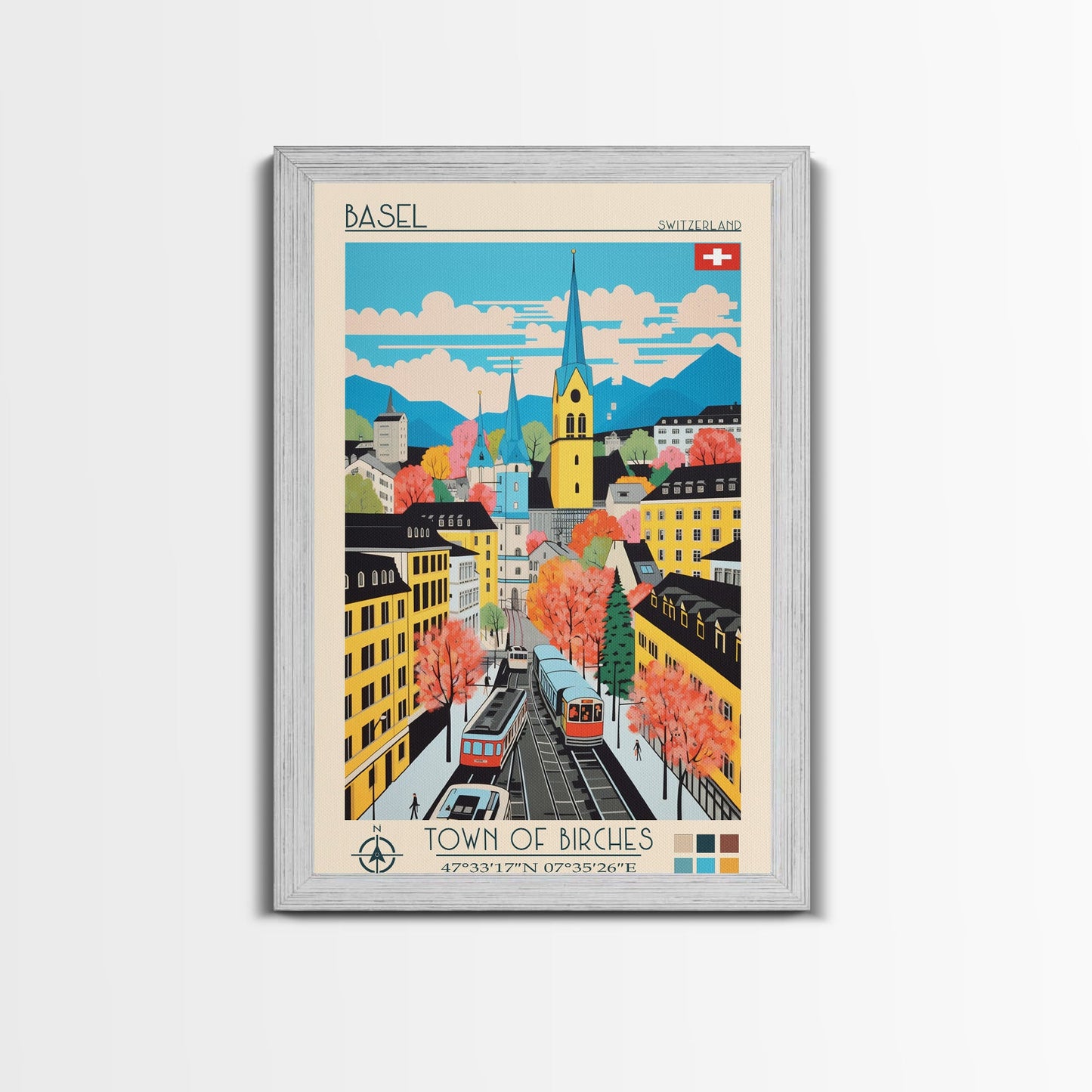 Basel Switzerland Travel Poster Framed Canvas Print, Midcentury Modern Art, Pop Art Wall Decor, Home Decor, Vacation Gift, Living Room Art