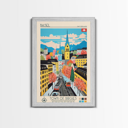 Basel Switzerland Travel Poster Framed Canvas Print, Midcentury Modern Art, Pop Art Wall Decor, Home Decor, Vacation Gift, Living Room Art