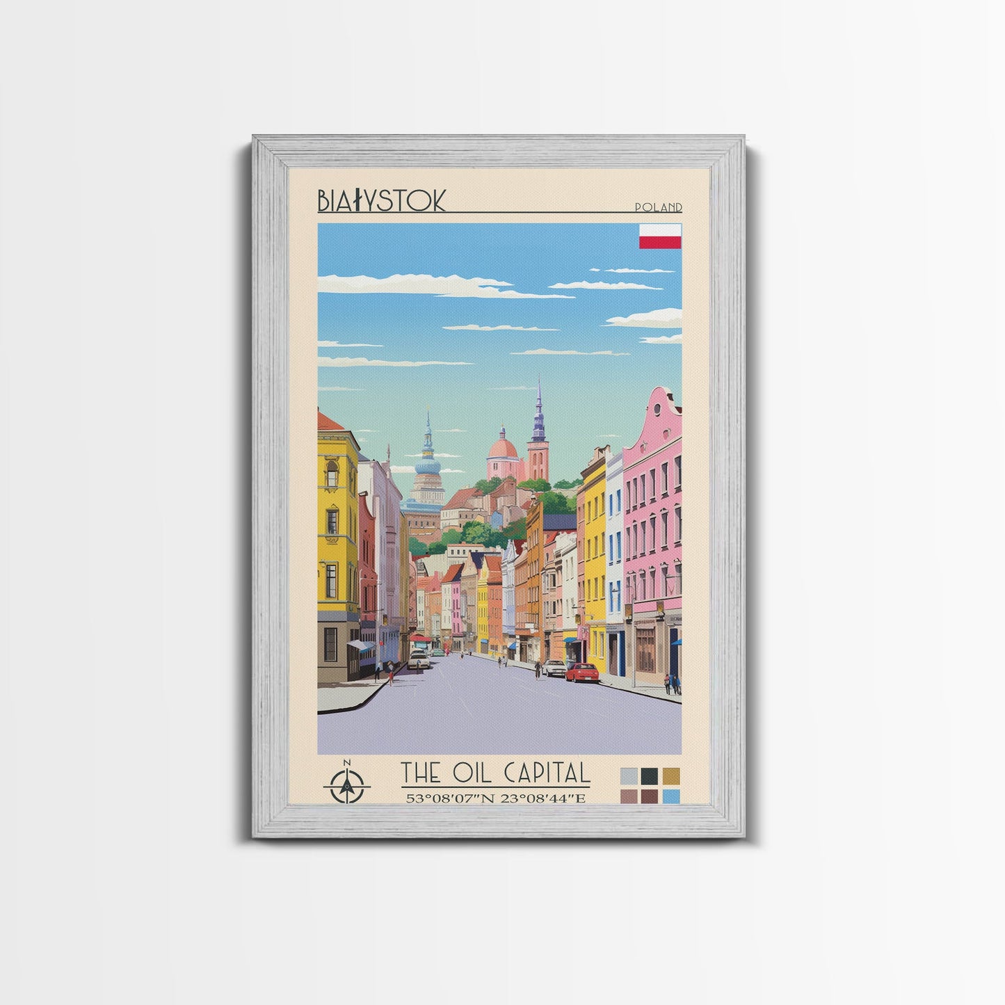 Białystok Poland Travel Poster Framed Canvas Print, Midcentury Modern Art, Pop Art Wall Decor, Home Decor, Vacation Gift, Living Room Art