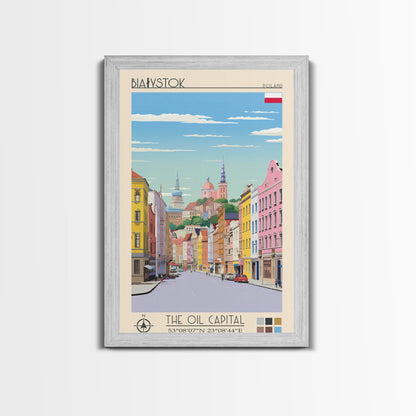 Białystok Poland Travel Poster Framed Canvas Print, Midcentury Modern Art, Pop Art Wall Decor, Home Decor, Vacation Gift, Living Room Art