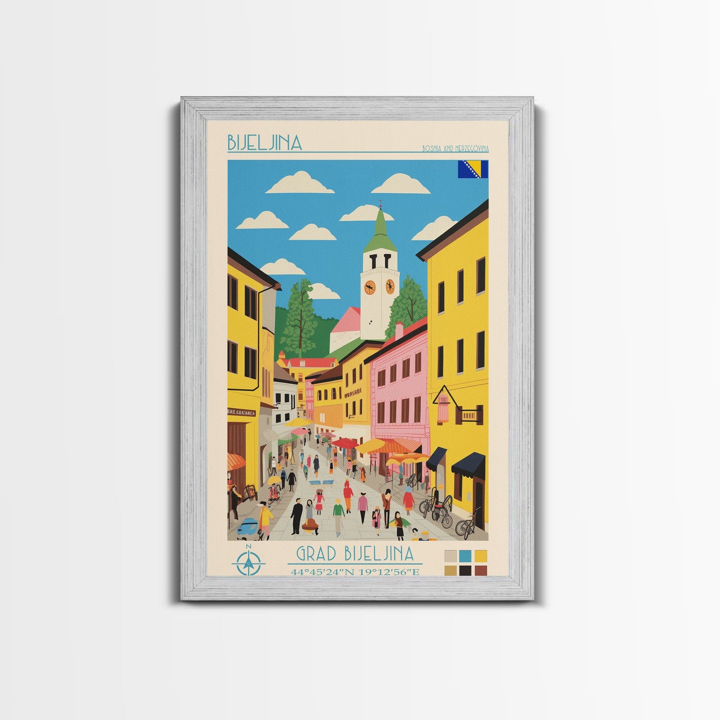 Bijeljina Bosnia Travel Poster Framed Canvas Print, Midcentury Modern Art, Pop Art Wall Decor, Home Decor, Living Room Art, Unique Gift